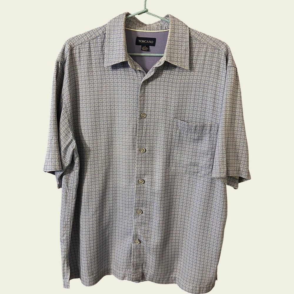 Toscano 100% Silk Blue Geometric Button Down Shirt Size M‎ Short Sleeve